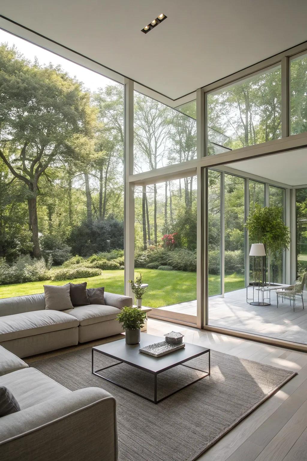 A contemporary living space where the division between interior and exterior fades, thanks to expansive glass panels.