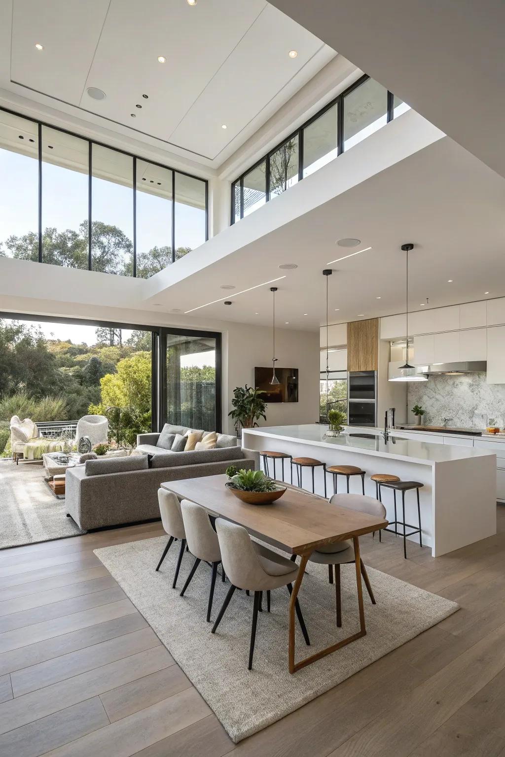 An open-concept kitchen effortlessly combines dining and living spaces.