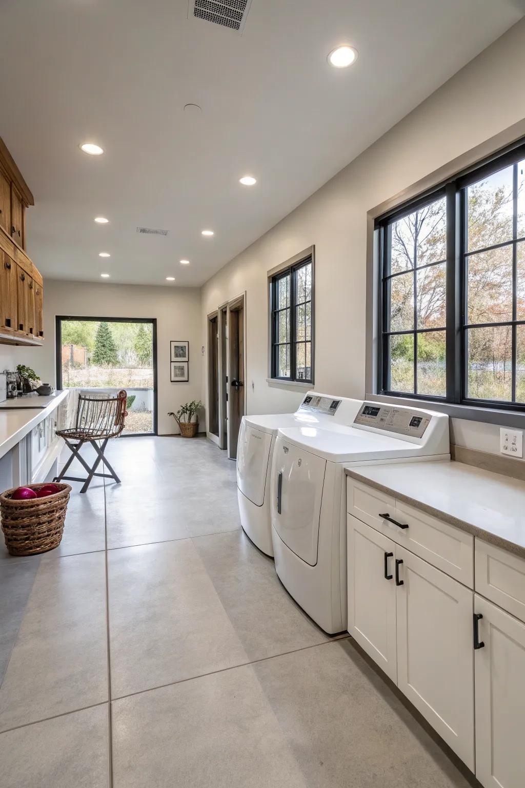 A well-organized laundry room with an open floor plan.