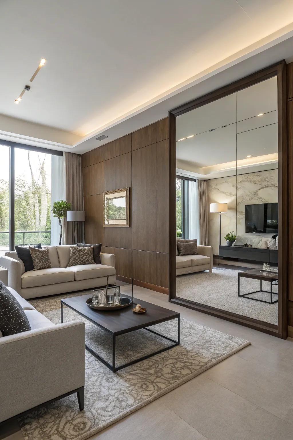 A grand wall reflection conjures the illusion of more space in this elegant living room.