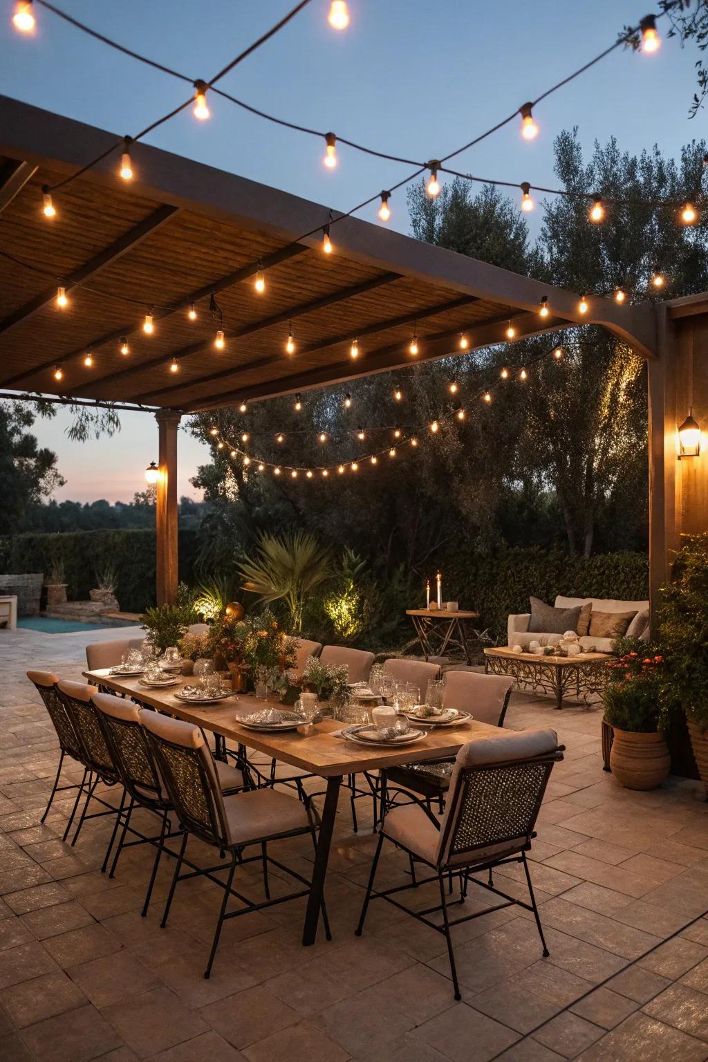 An expansive dining table beautifully arranged for an al fresco dining experience.