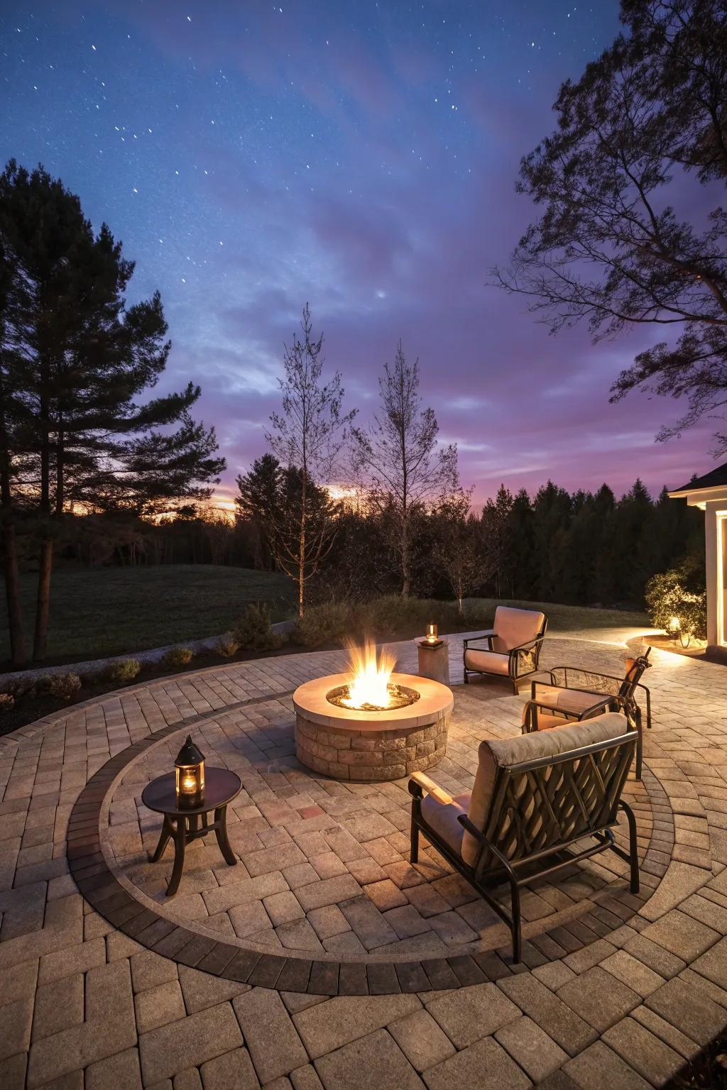 A fire pit infuses warmth and allure into this expansive paver patio.