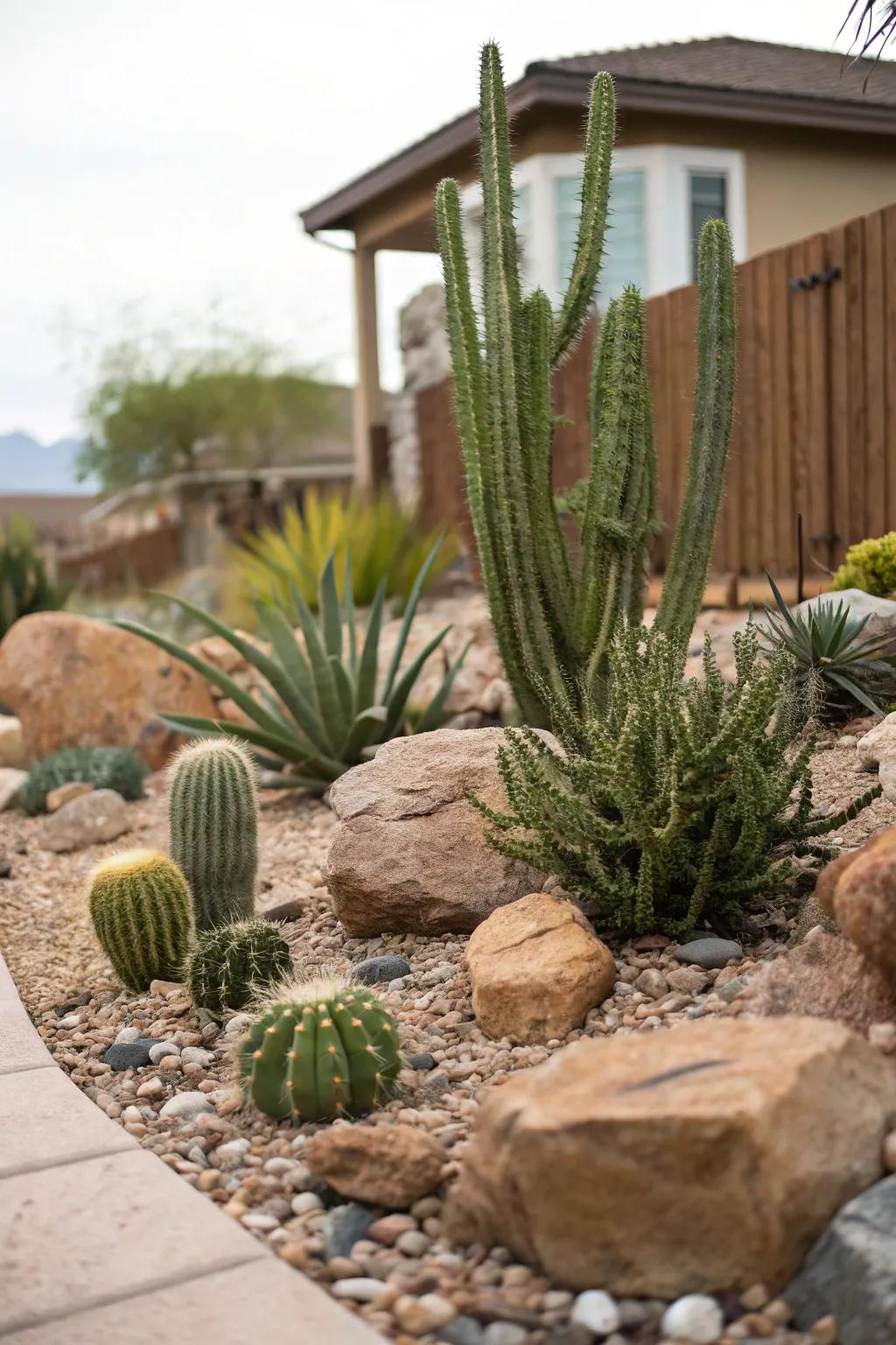 Xeriscaping showcasing cacti and succulents in a backyard setting in Las Vegas.