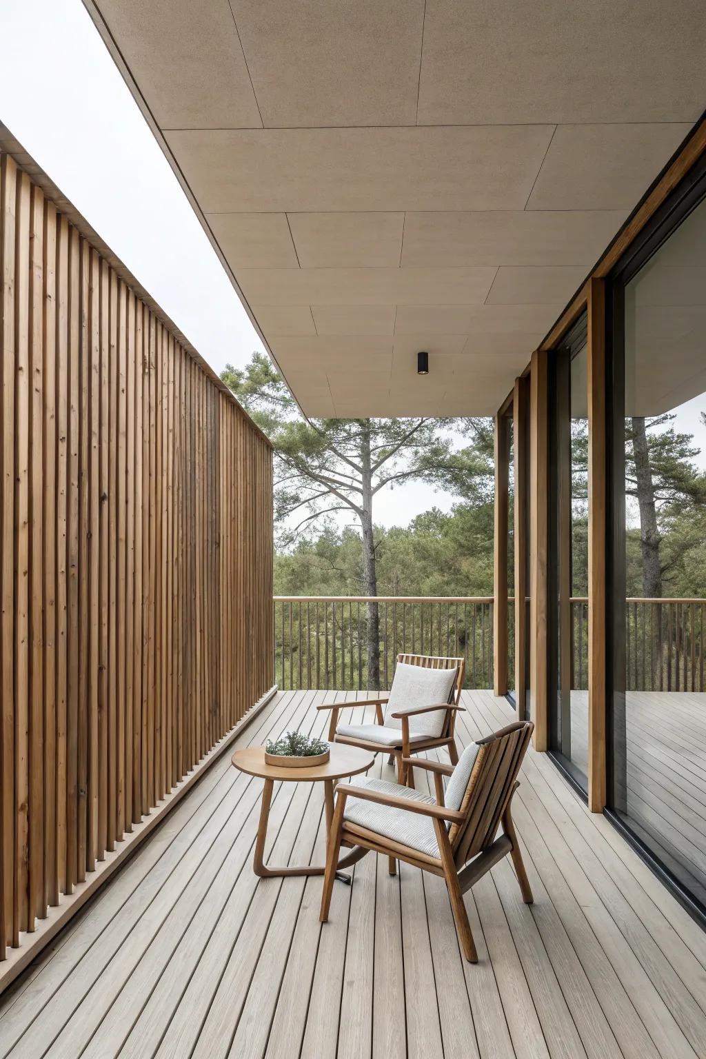Vertical wood slats impart a contemporary ambiance to this outdoor area.
