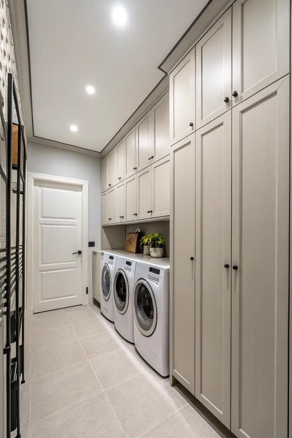 Take advantage of upright cabinets to maximize storage within small laundry rooms.