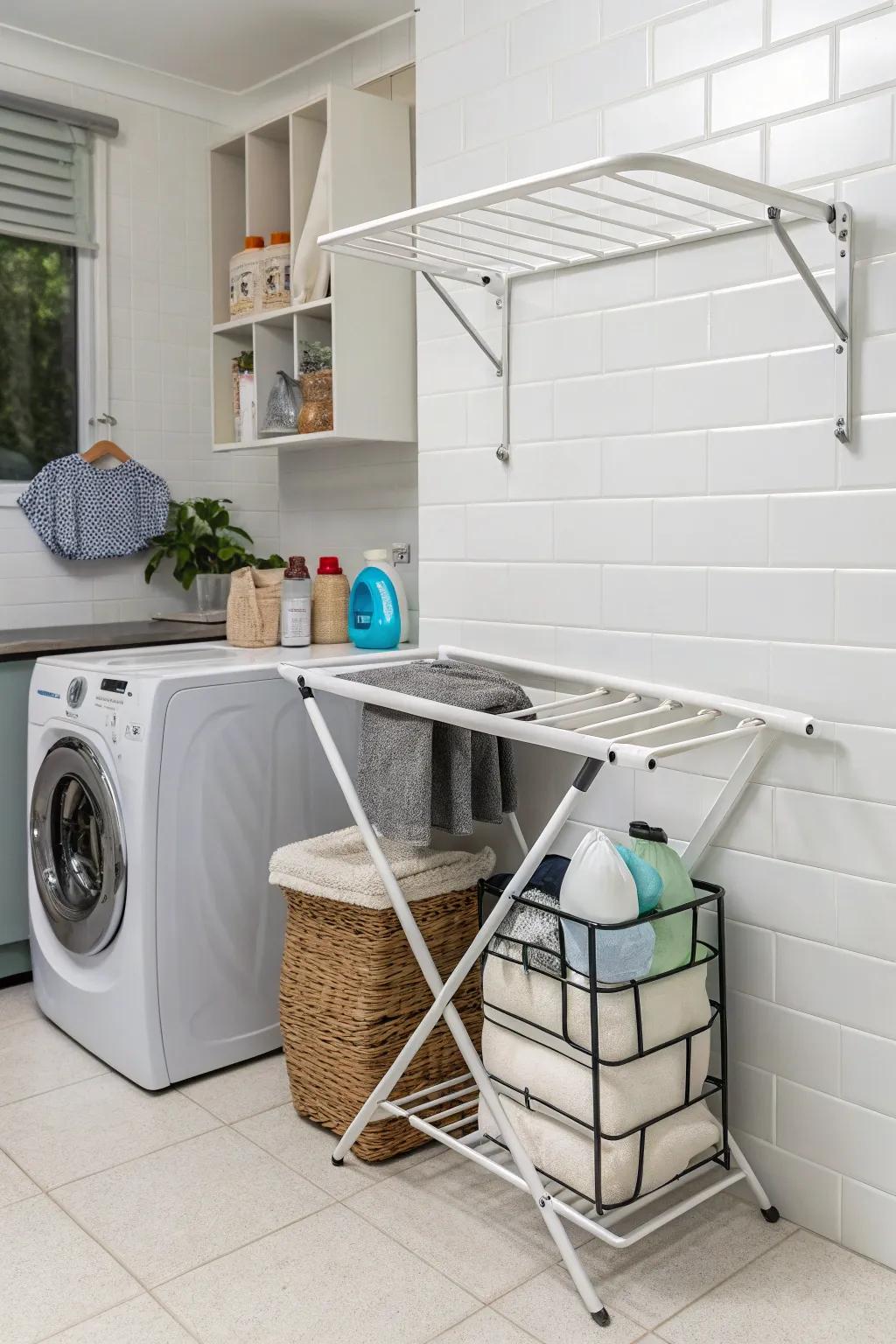 A hinged wall-attached shelf that merges seamlessly into the laundry area's wall.