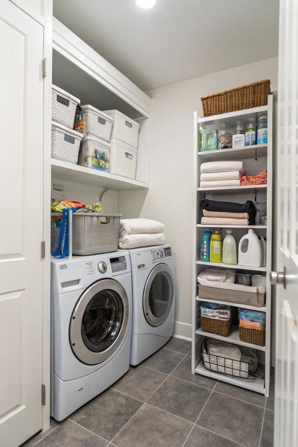 A small laundry area that uses stacked machines to great effect in a confined space.