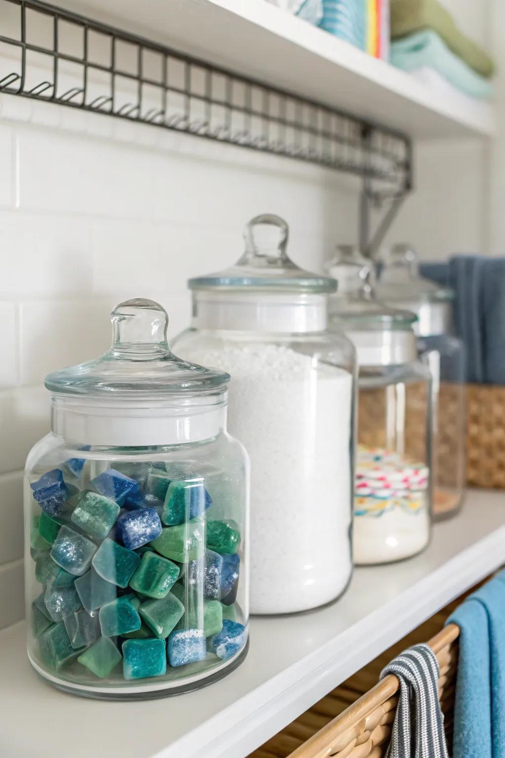 Transparent glass receptacles beautifully house your laundry necessities.