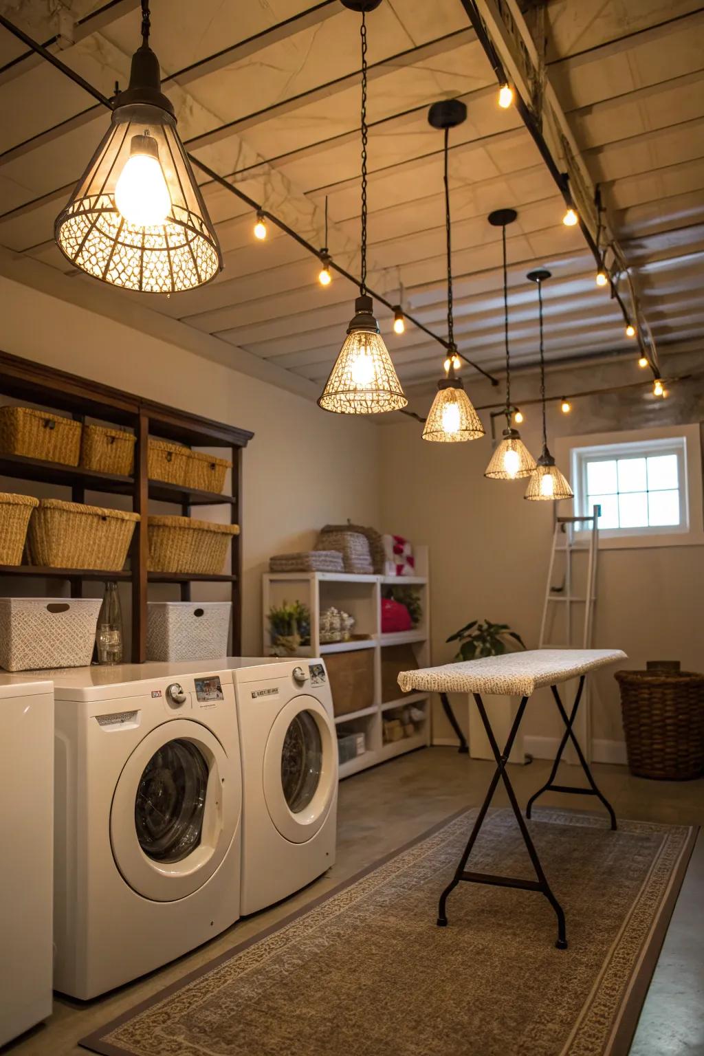 Pendant lights introduce sophistication to laundry rooms with tall ceilings.