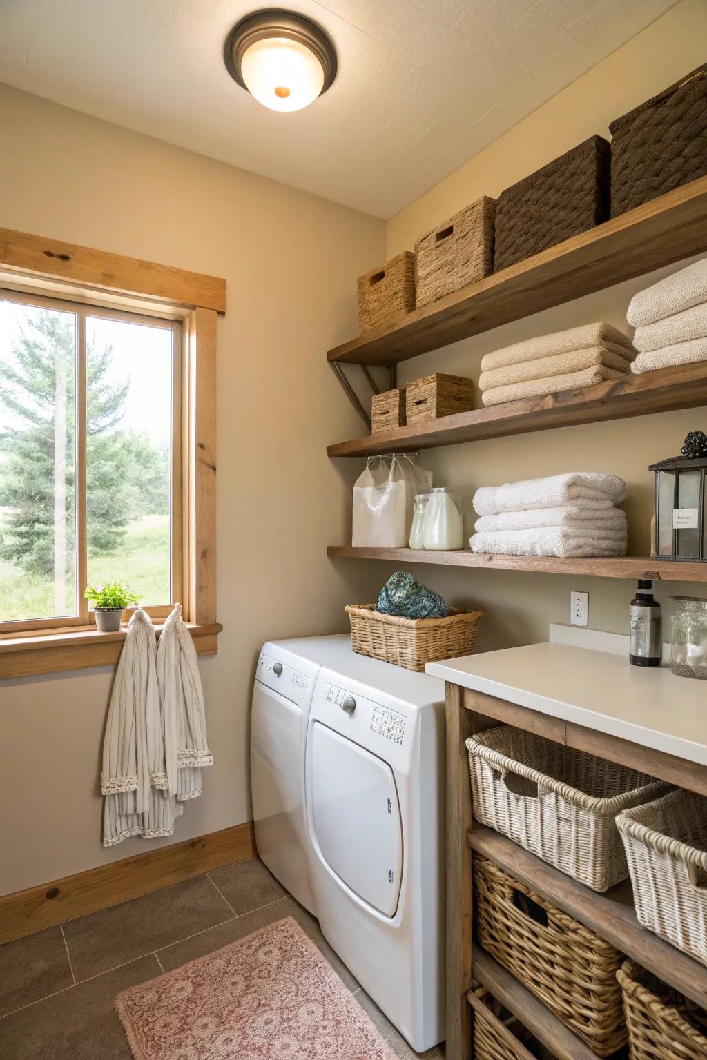 Mellow neutral hues provide an open and inviting atmosphere in your laundry area.