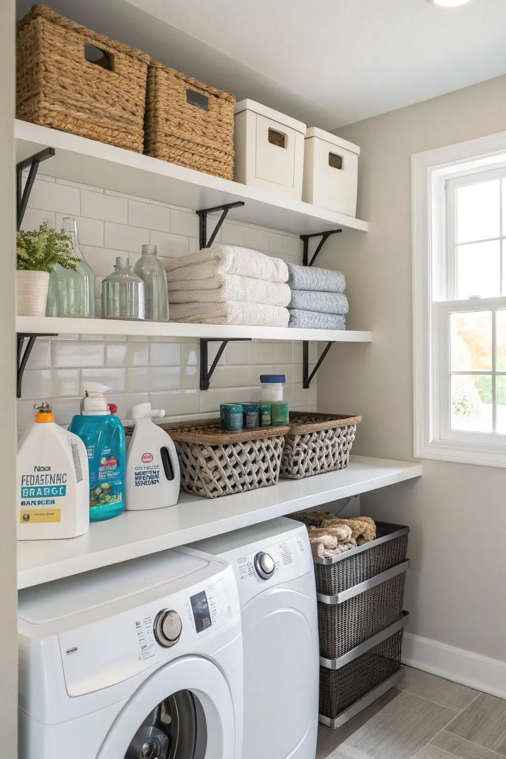 Airborne shelves lend a modern twist to this thoughtfully arranged laundry space.