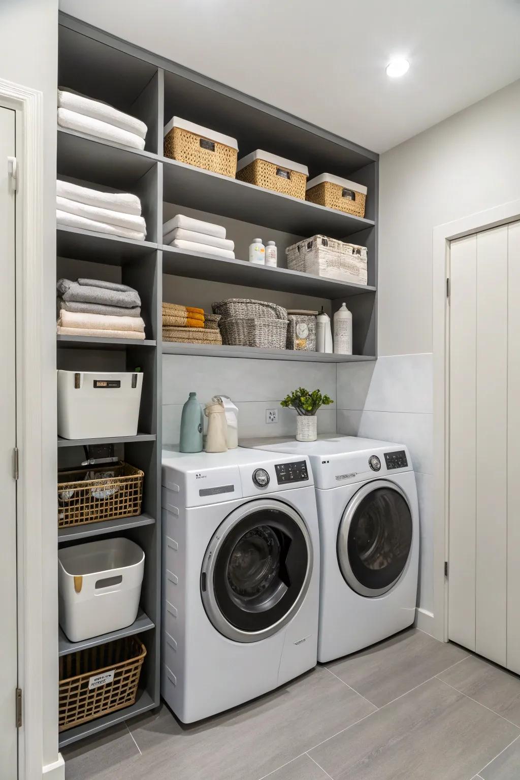 Maximize vertical space by using shelves above your laundry appliances.