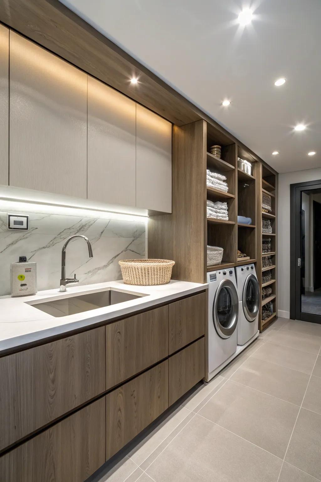The seamless integration of a sink and countertop creates a modern aesthetic.