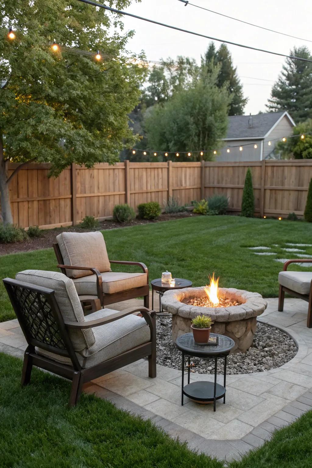An appealing outdoor living space featuring seating and a hearth, ideal for gatherings.