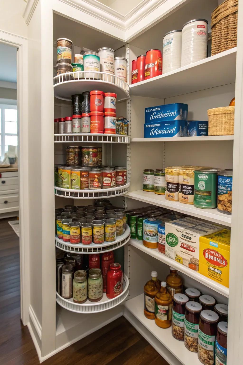 Leverage a Lazy Susan to amplify your pantry's storage capabilities, granting straightforward access to all your conserved edibles.