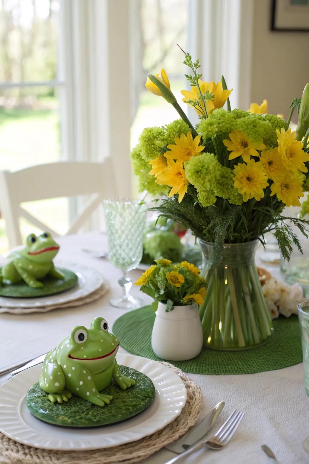Frog-themed centerpieces introduce a lively element to your Leap Year dining setting.