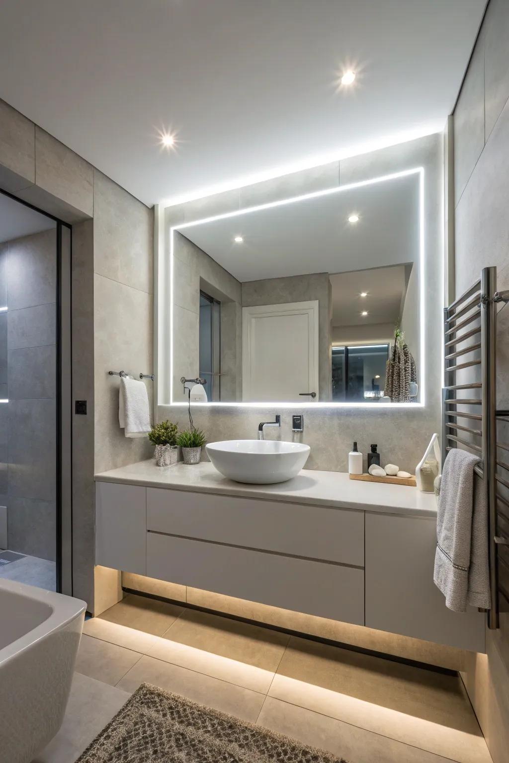 An edge-lit illuminated mirror offers a comforting ambiance in a modern bathroom.