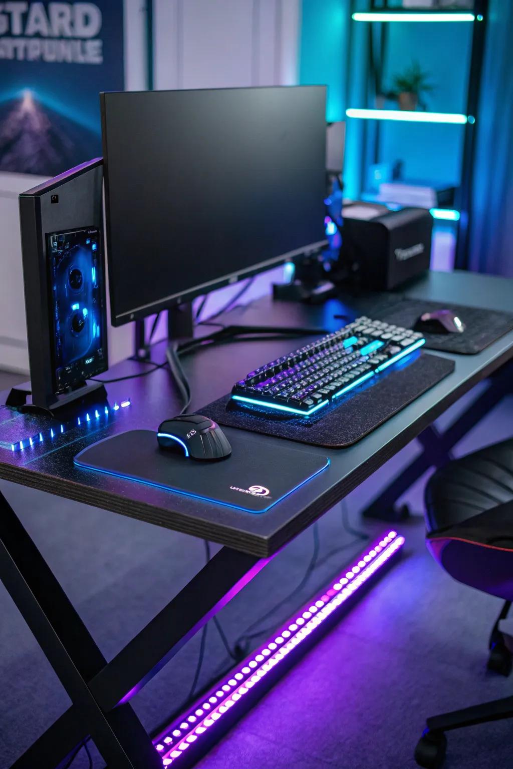 LED strips placed along desk edges to create a lively gaming atmosphere.