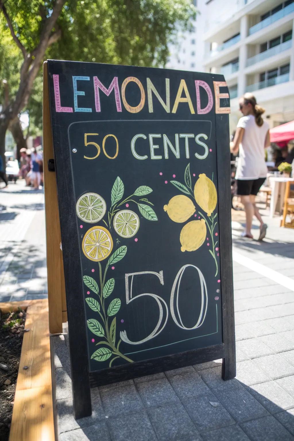A chalkboard sign imparts a rustic ambiance to your lemonade stand.