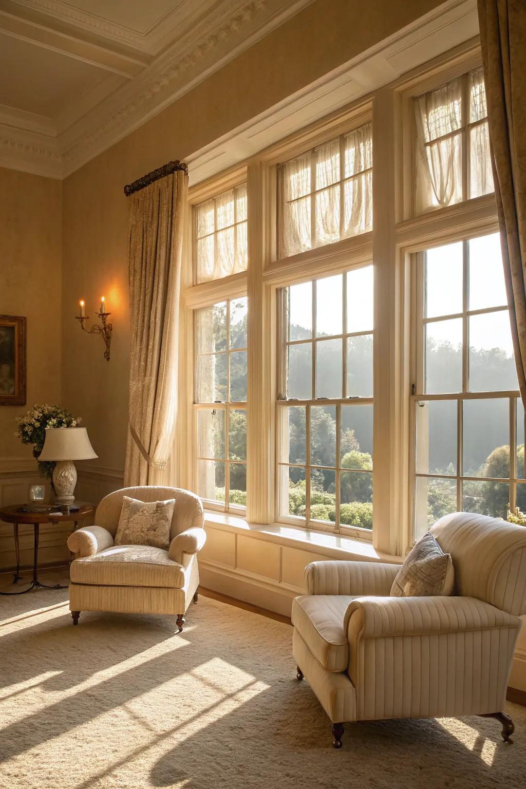 A tranquil area featuring tan walls and harmonious highlights.