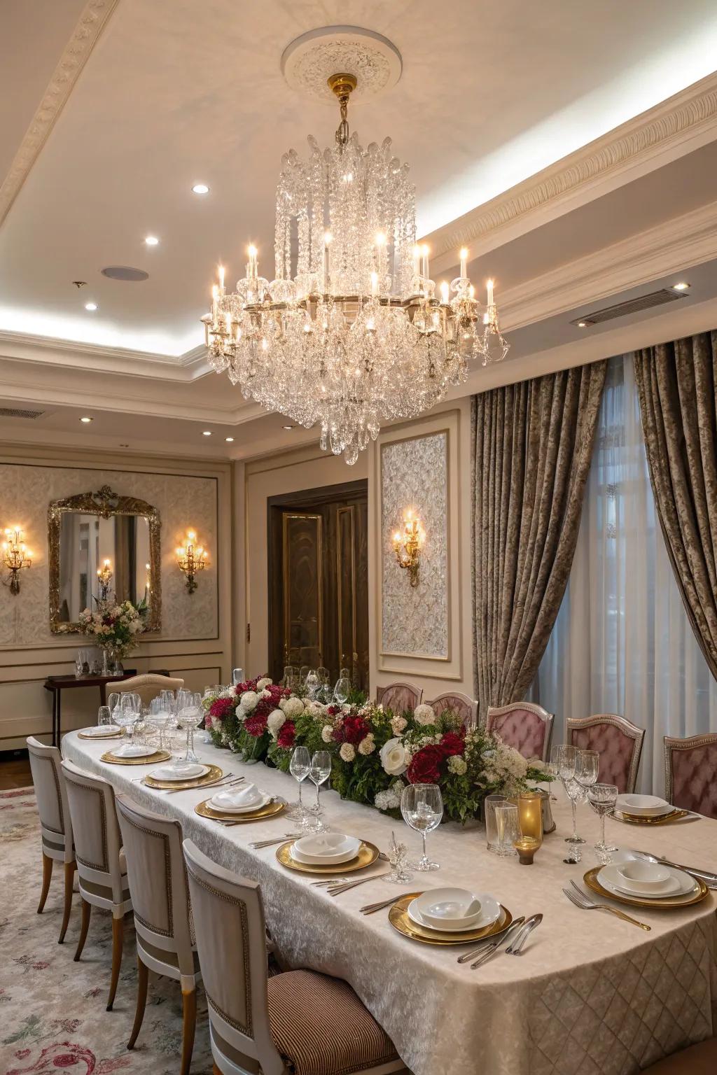 A vintage crystalline chandelier bestows ageless elegance to your dining space.