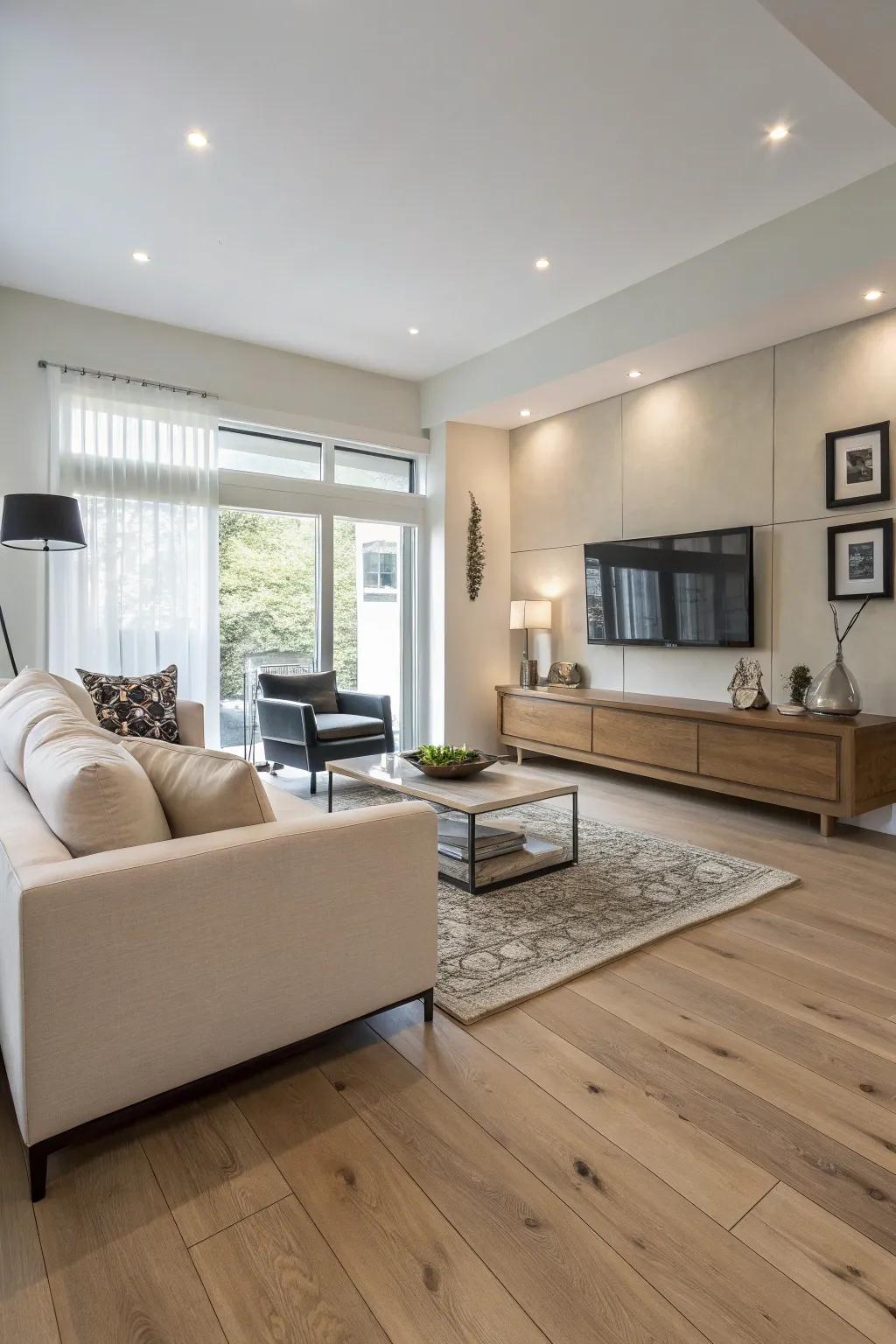 Pale maple flooring lends a sophisticated touch to this modern living space.