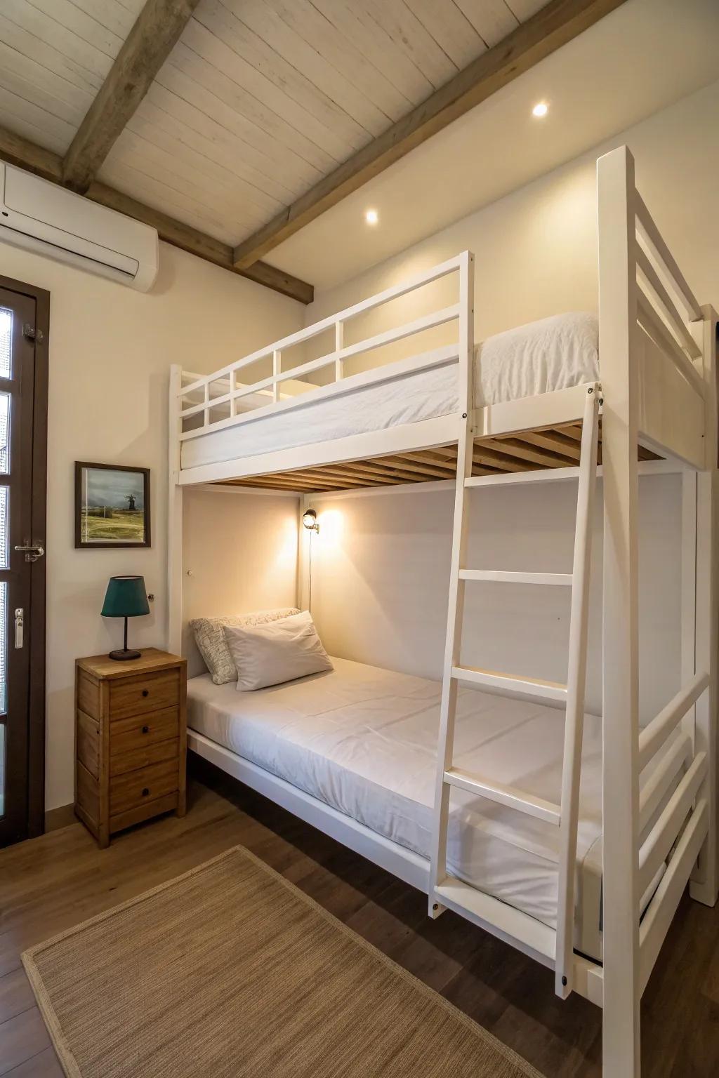 Capitalizing on vertical space using a tall bunk bed to free up floor area.