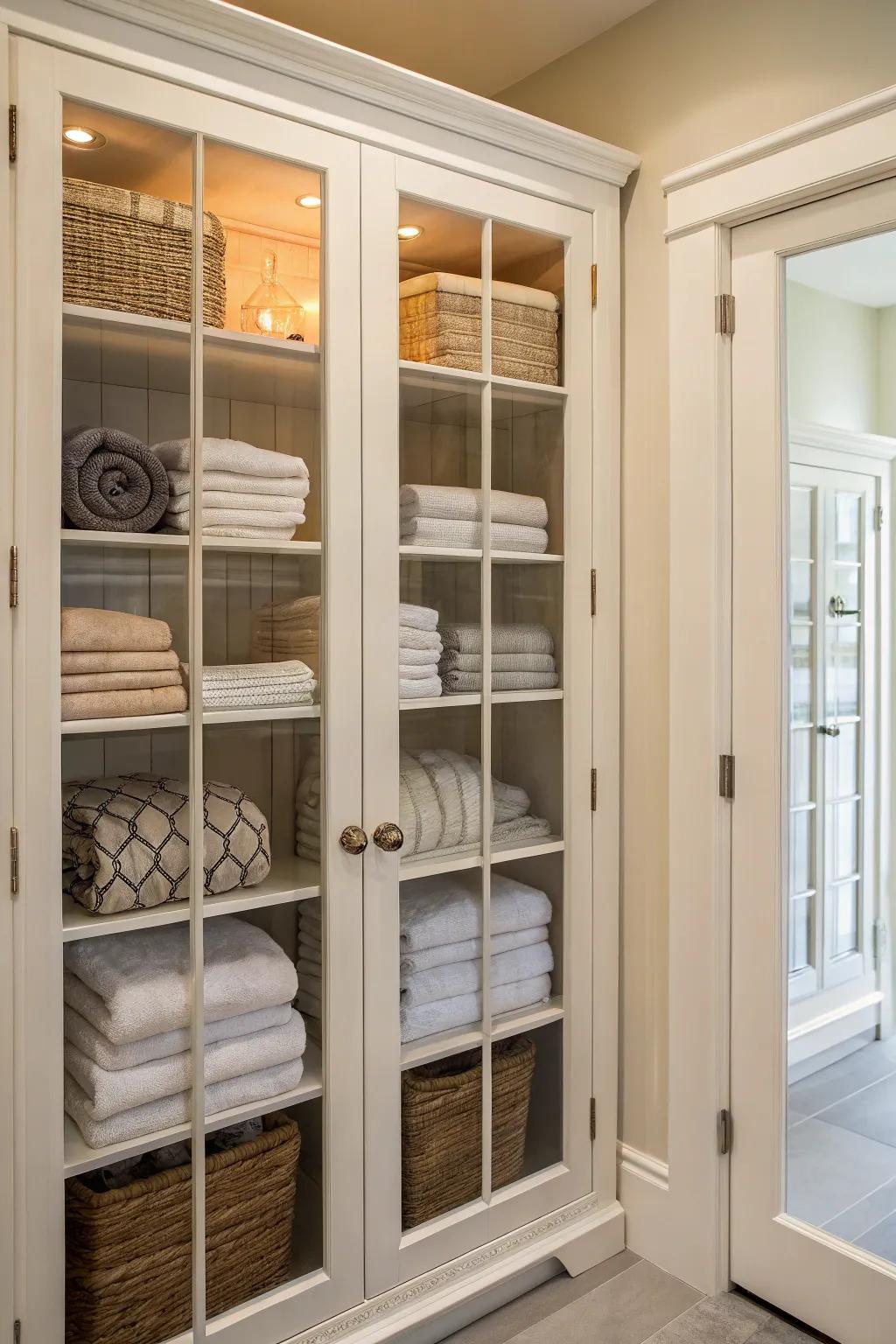 A linen closet featuring glass paneled doors exudes elegance and openness.