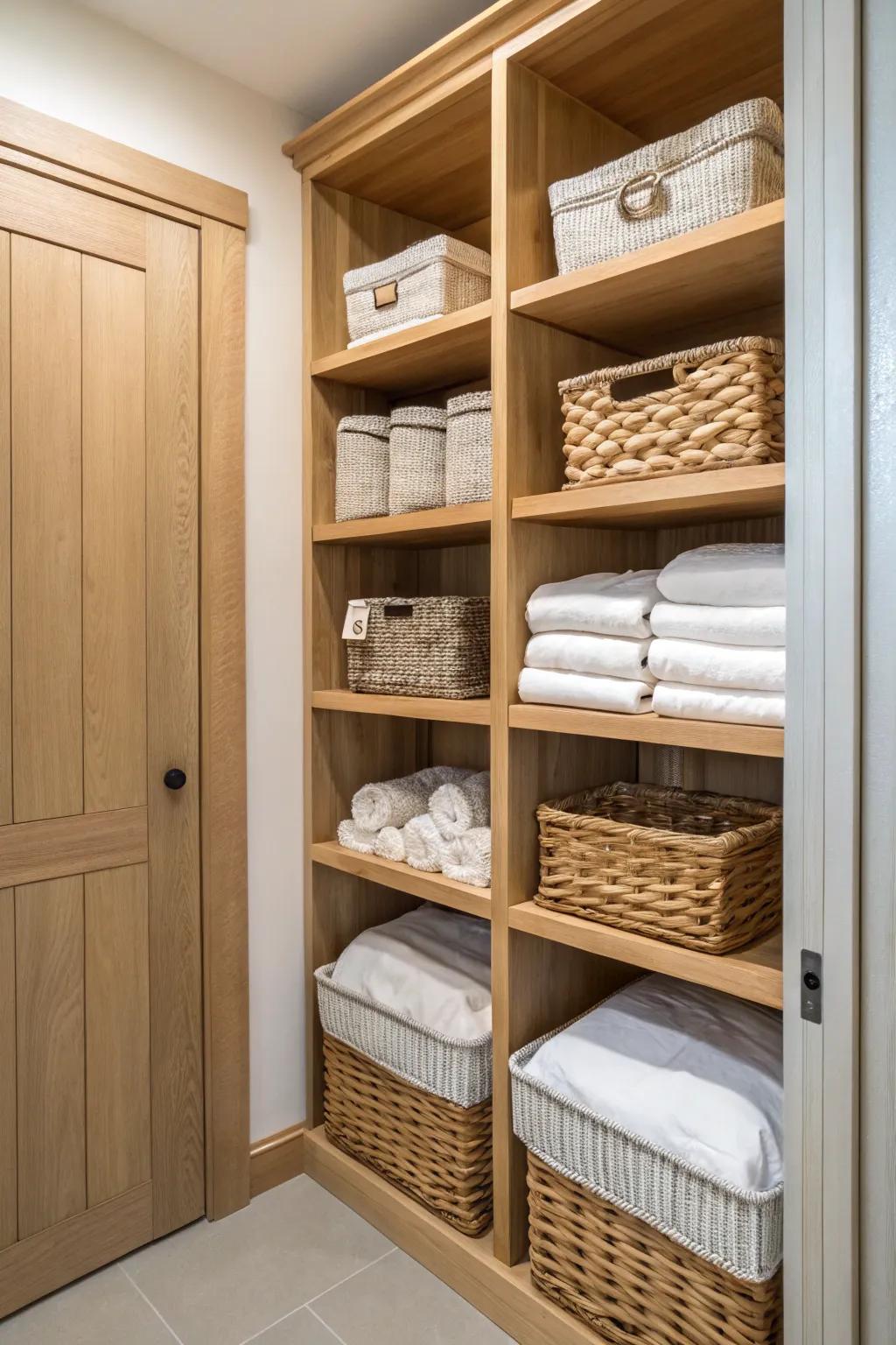 Custom-fit wooden shelves create a polished look in a linen closet.