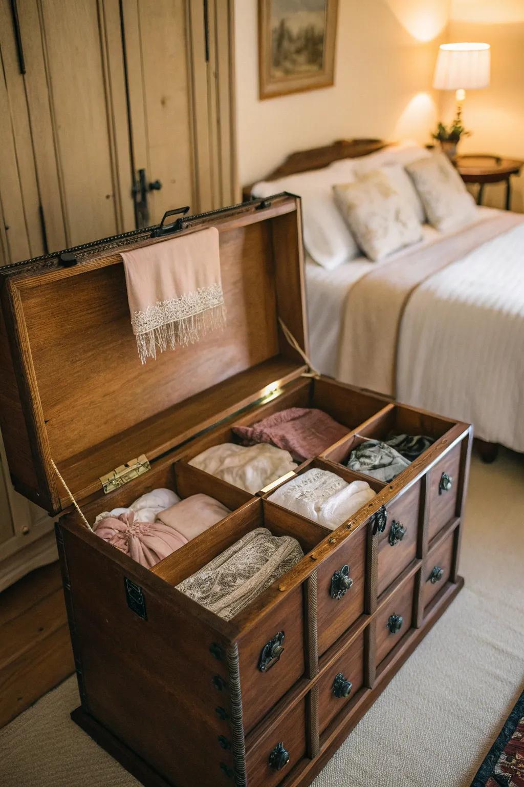 A vintage box provides both elegance and practical storage for your lingerie.