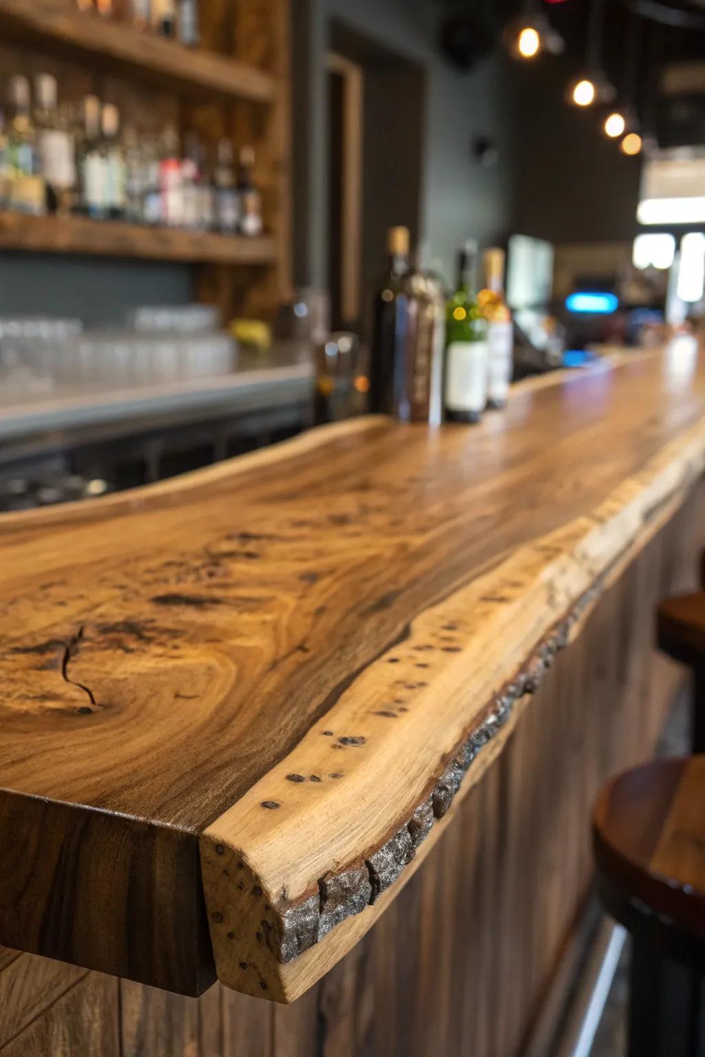 A detailed perspective of a natural-edge bar, emphasizing the detailed natural pattern and feel of the timber.