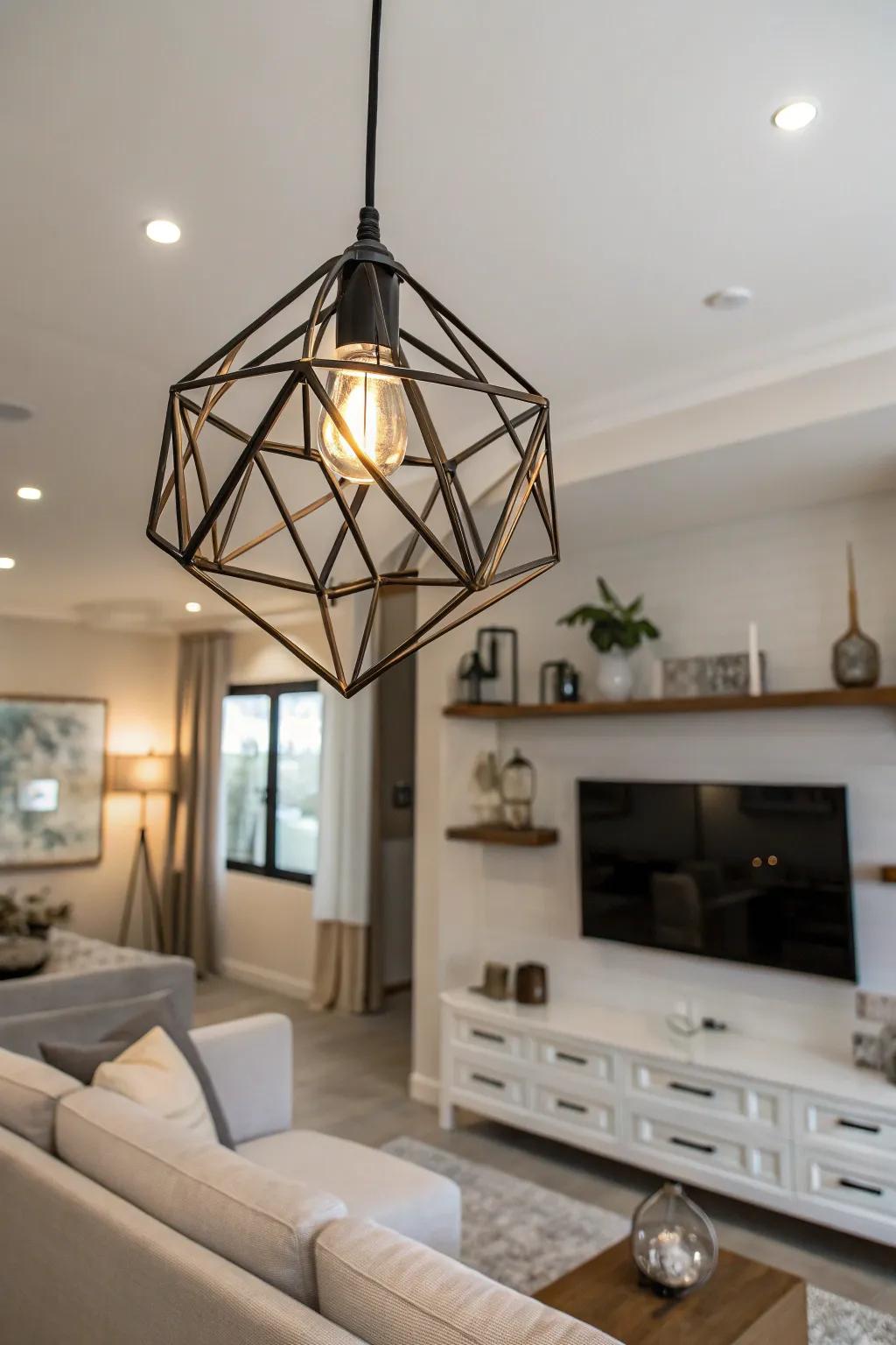 Geometric pendants introduce contemporary elegance with their impressive forms.