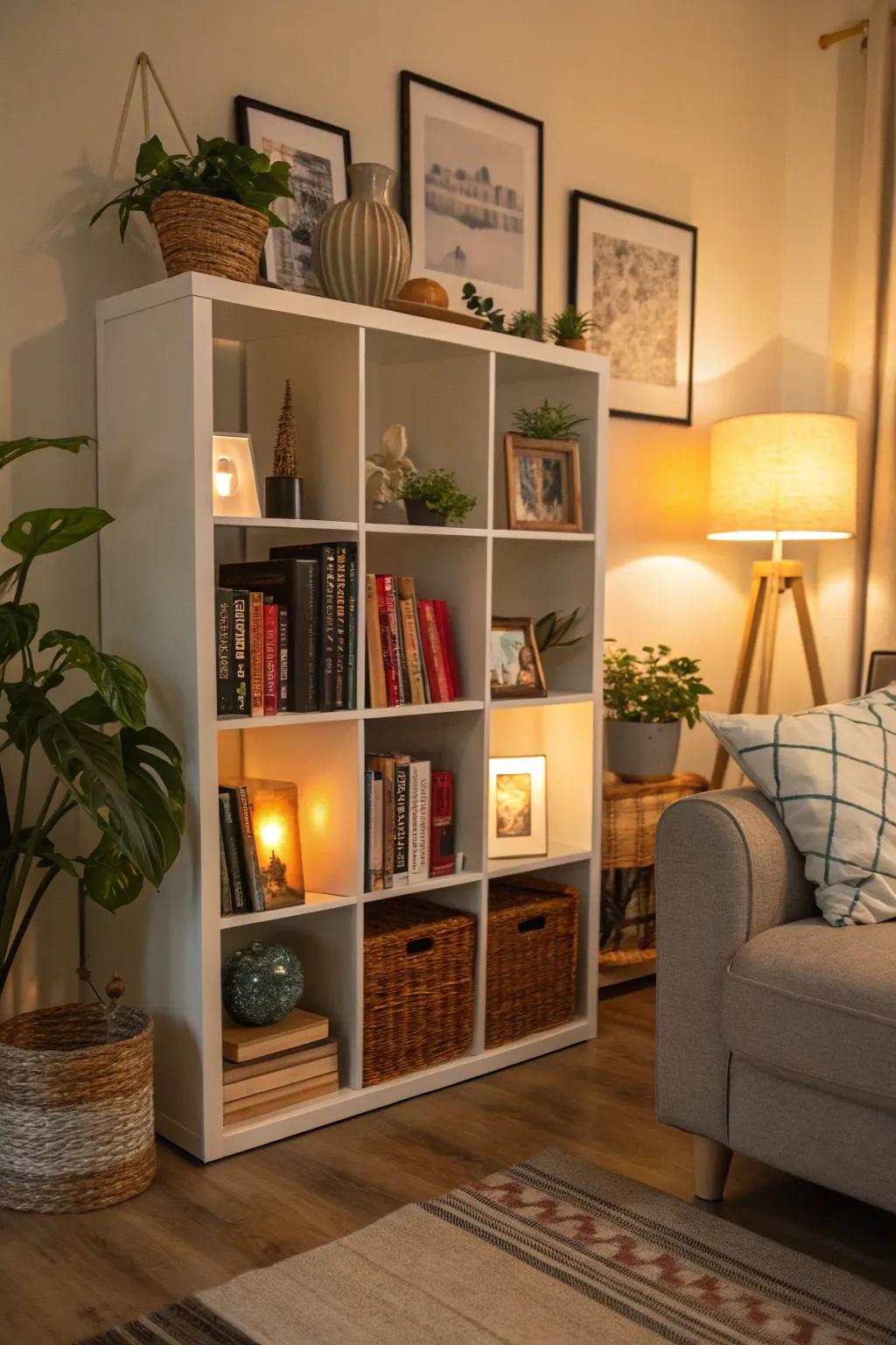 A comforting literary corner showcasing a harmonious blend of literature and decor through cube storage.