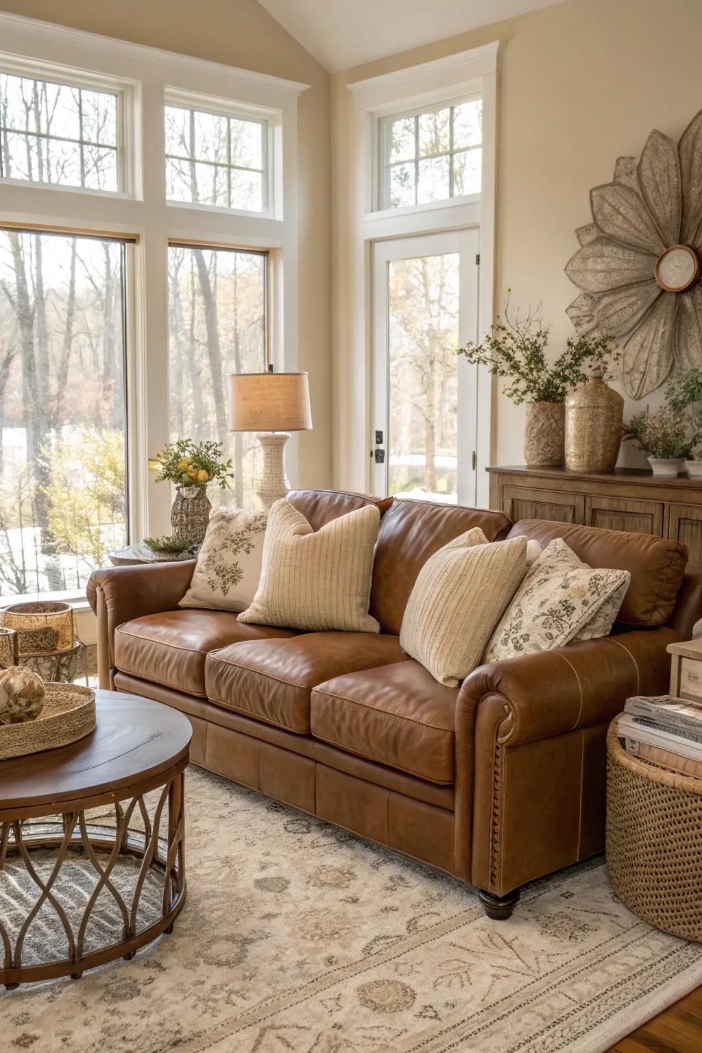 Neutral shades beautifully complement the brown leather settee.