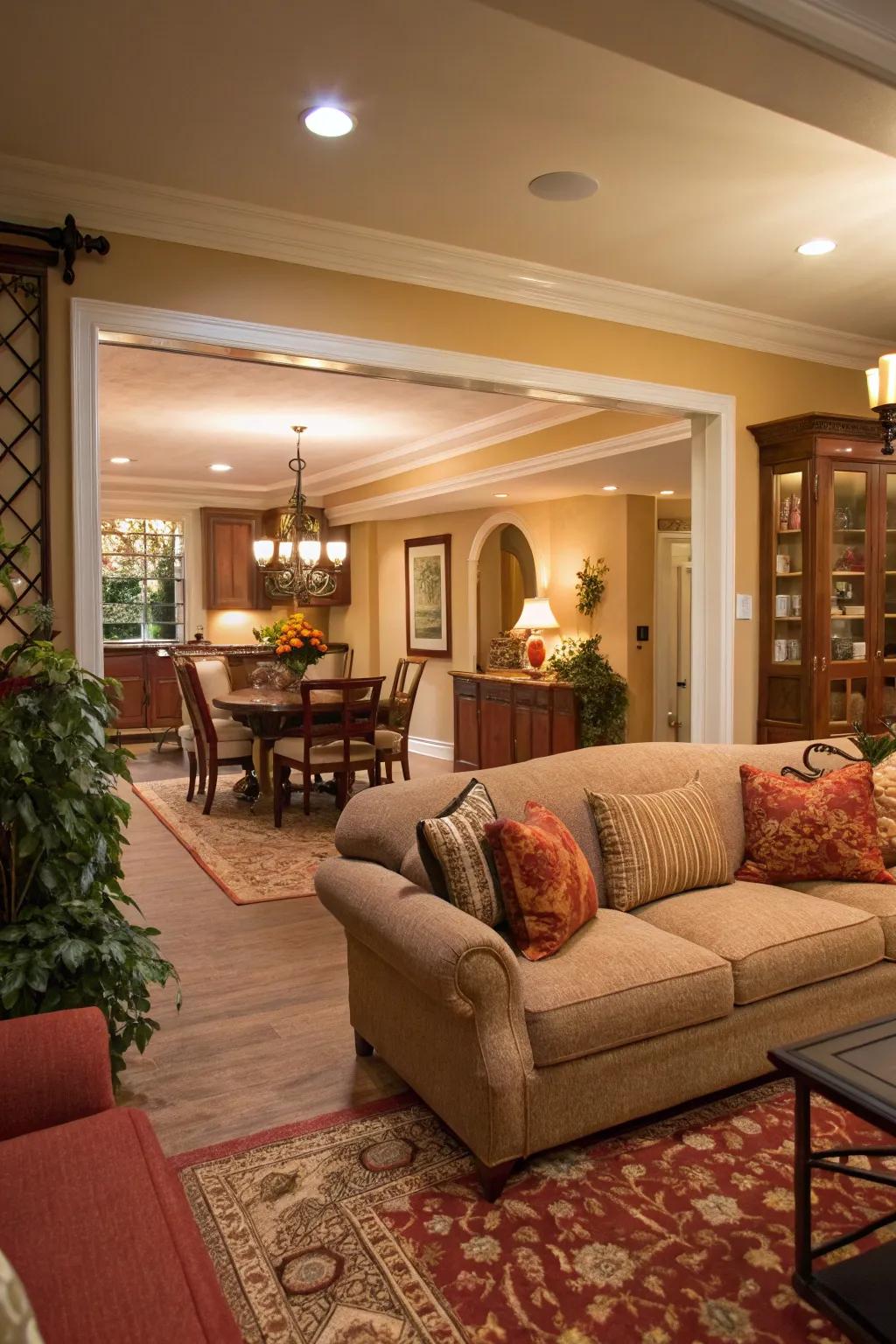 A sofa effectively distinguishes the living area from the dining space, providing both utility and elegance.