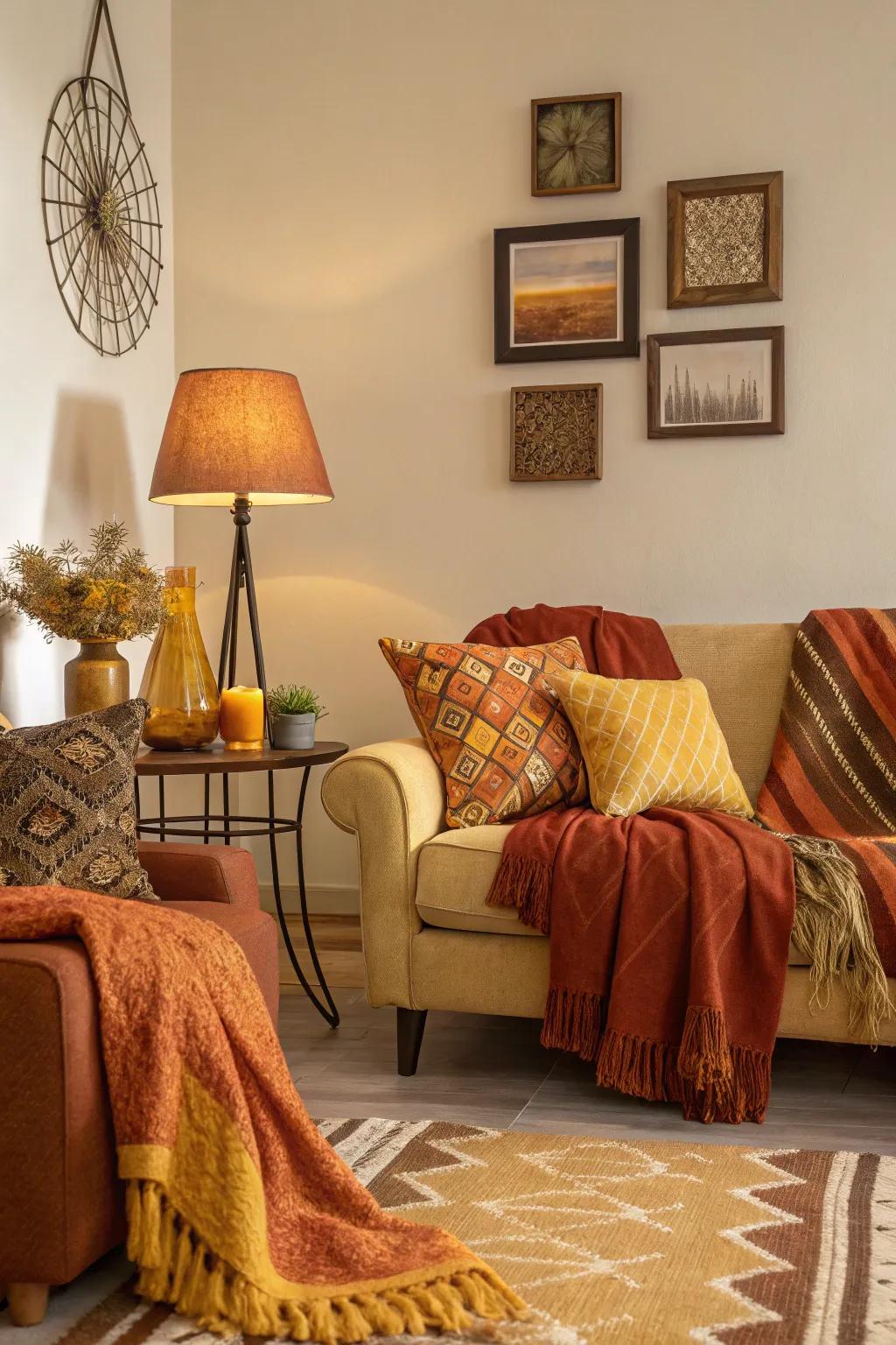 A harmony of orange, brown, and yellow shades transforms this living room into the quintessential autumn escape.