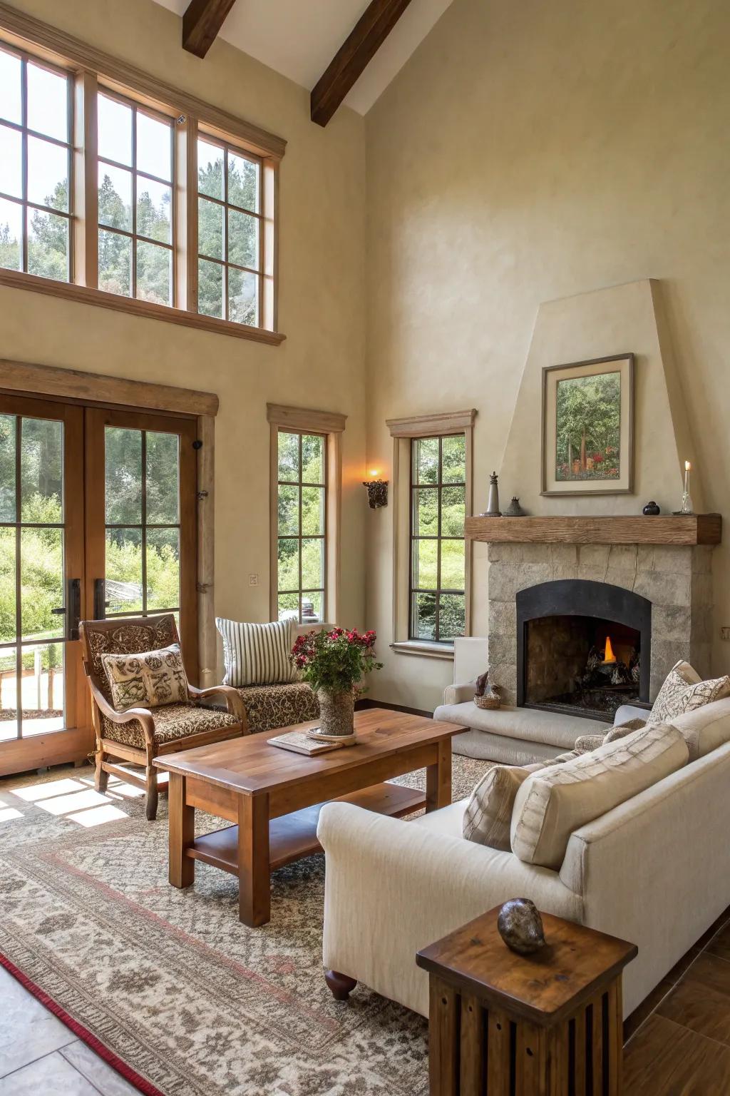 Neutral tones set the perfect backdrop for a farmhouse living room.