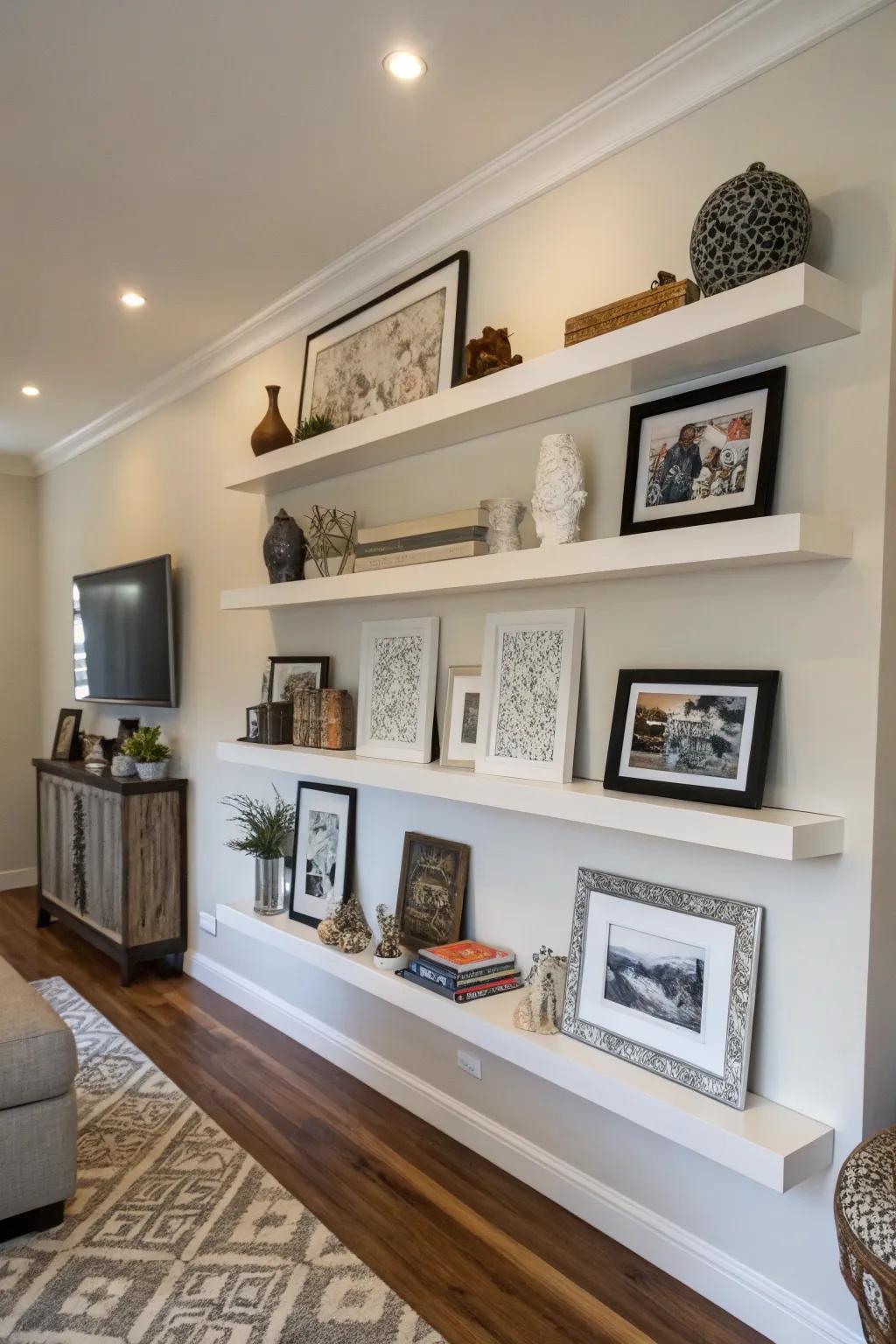 Craft an artistic showcase with floating shelves gracing your living space.