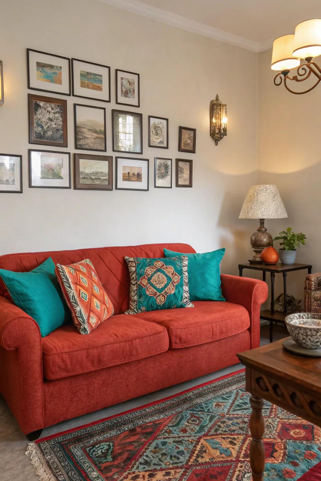 Strong color highlights transform a plain area into a lively and vibrant setting.