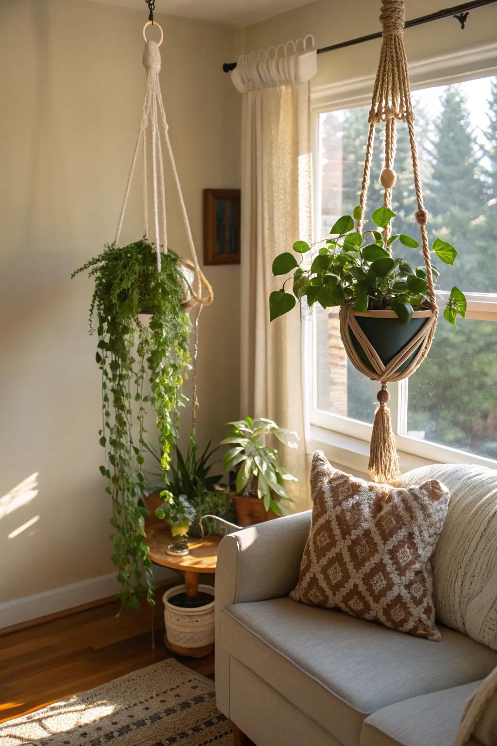 Suspended flora in woven fiber hangers fashions a welcoming nook.