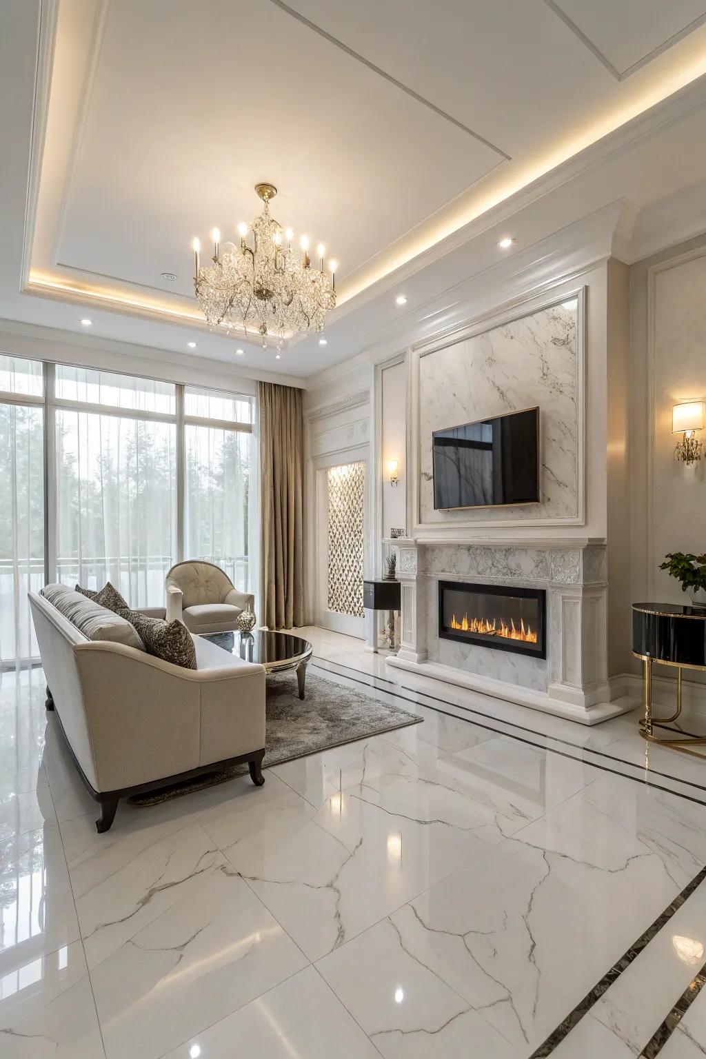 Elegant living room with polished white marble tiles.
