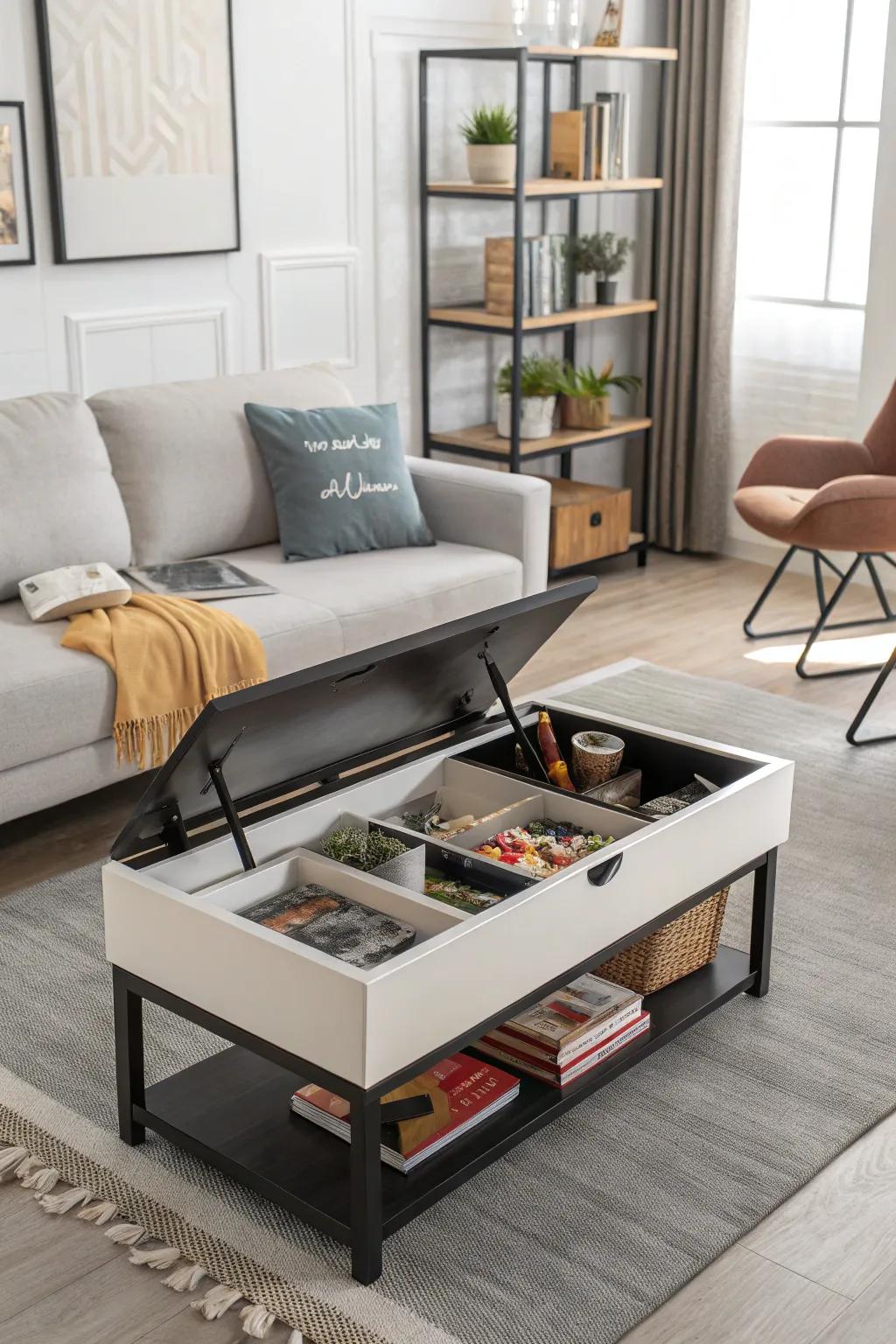 A center table with hidden storage keeps toys out of sight.