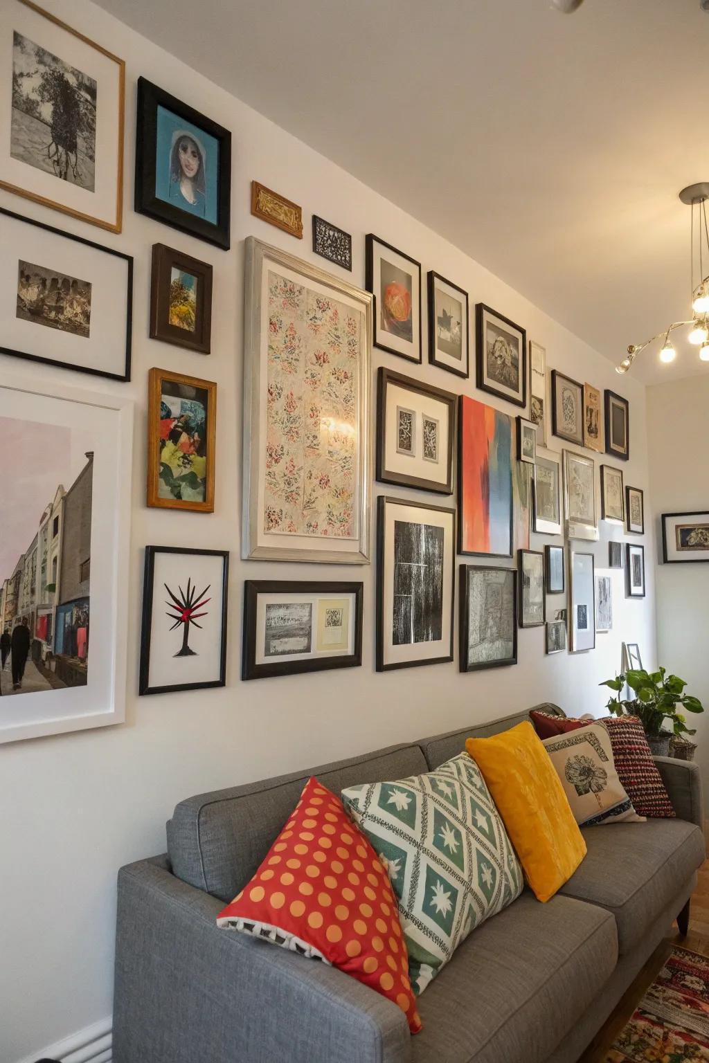 An artistic wall gallery displaying an array of artwork and personal photos.
