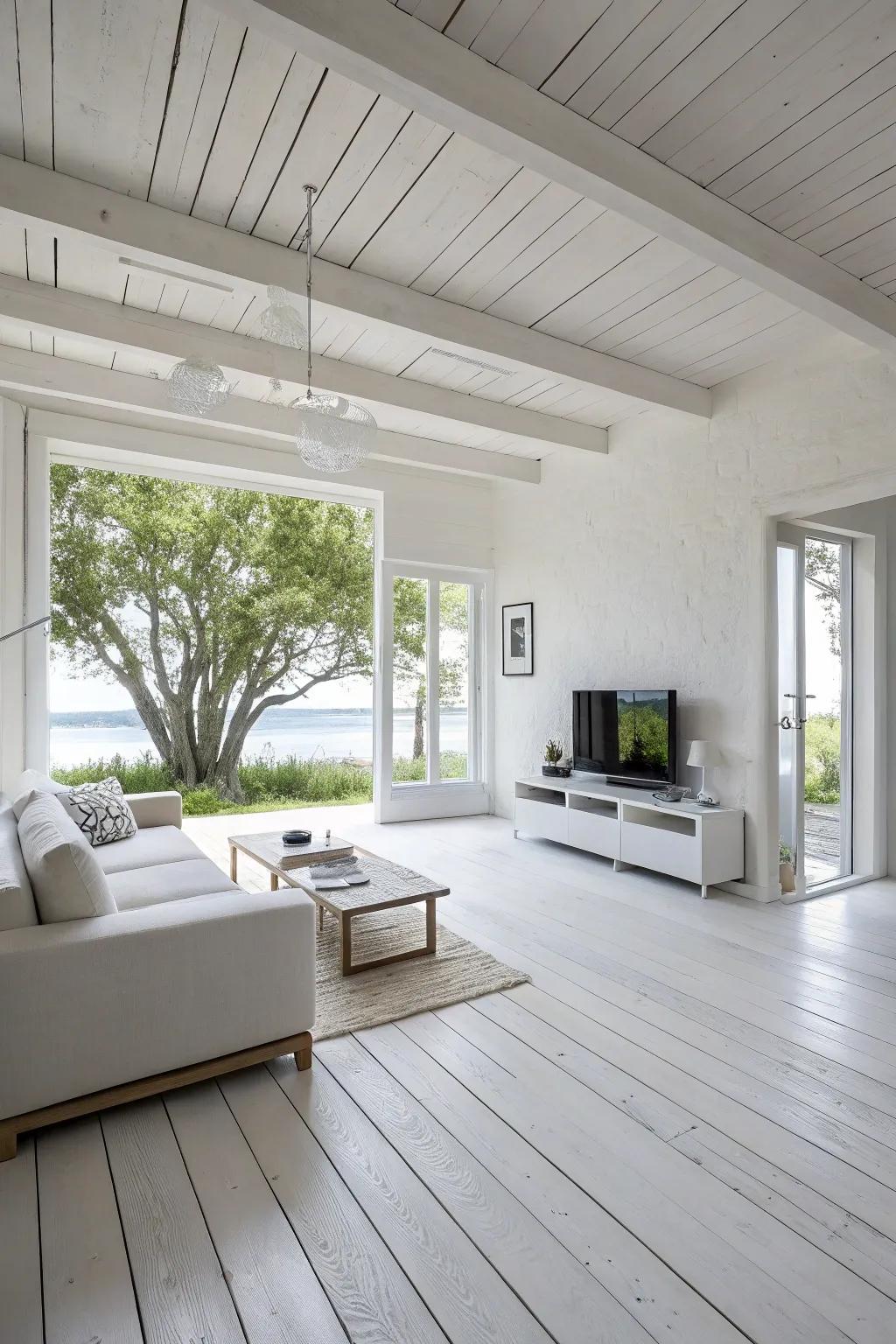 A minimalist living room exemplifies the beauty of simplicity through the use of white wood floors.