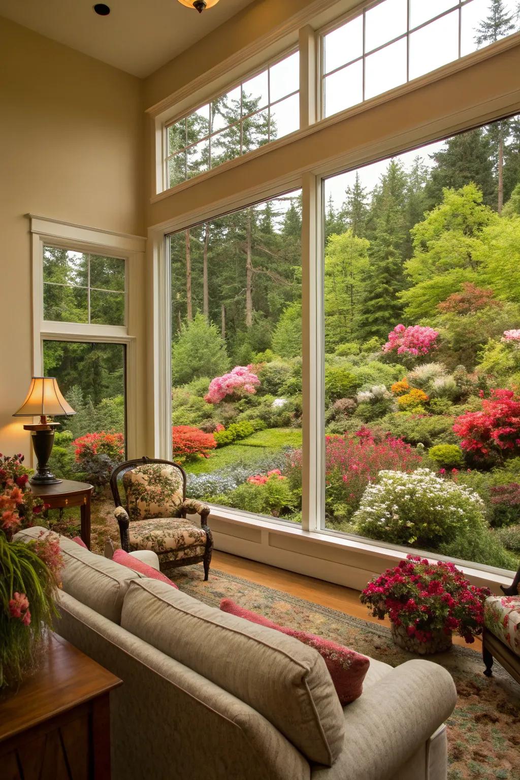 A living area showcasing a grand scenic window that beautifully captures a lively garden.