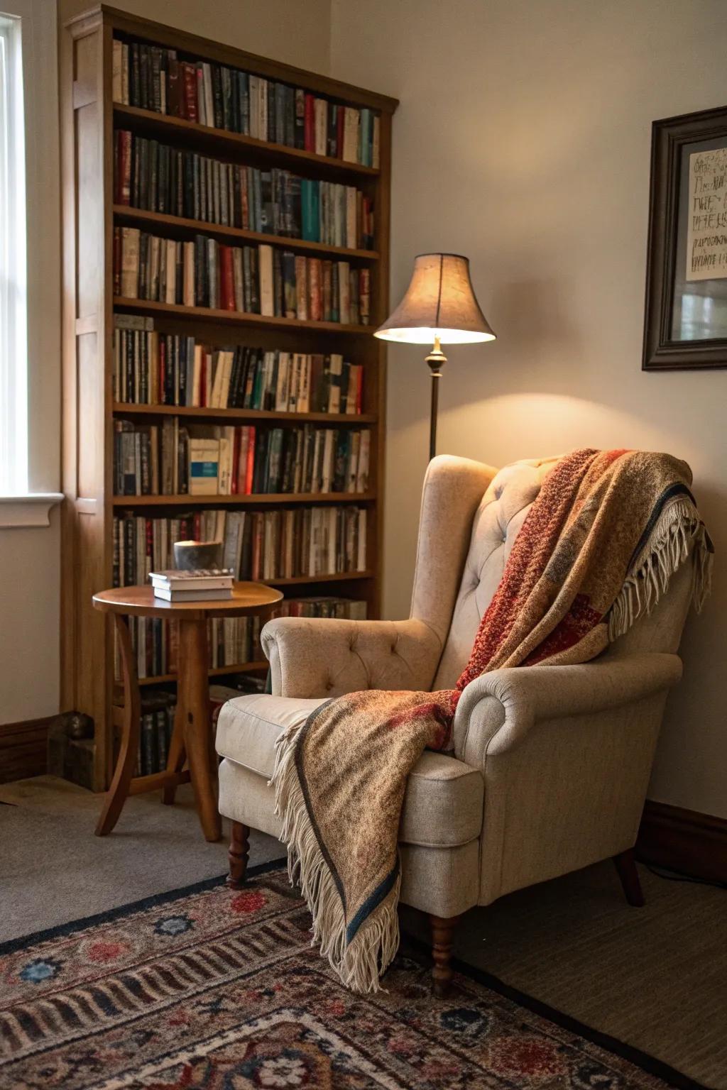 A welcoming reading nook, perfect for book enthusiasts to unwind and enjoy their favourite books.