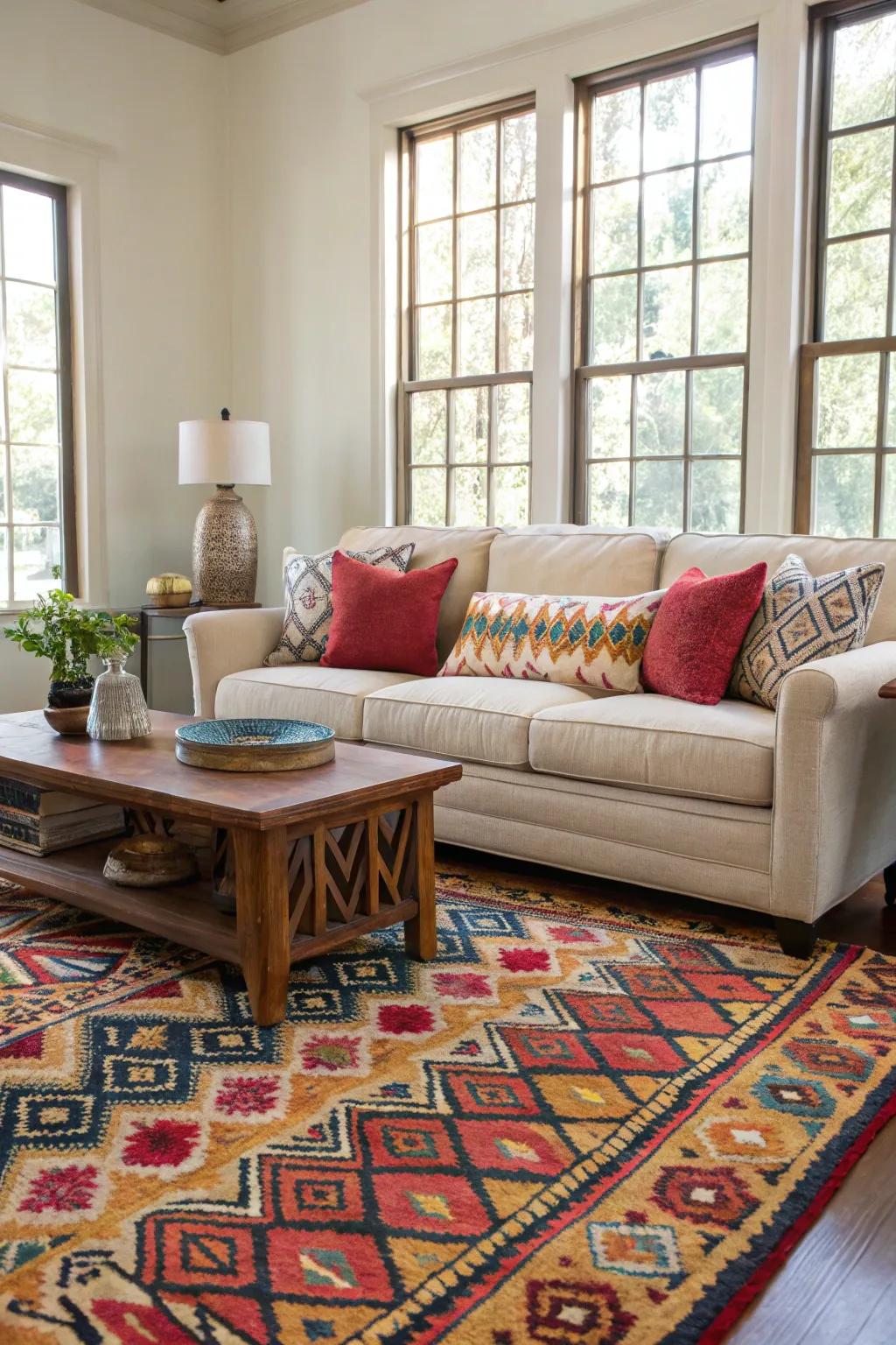 A lively floor covering can breathe life into your living area, wonderfully accentuating a simple couch.
