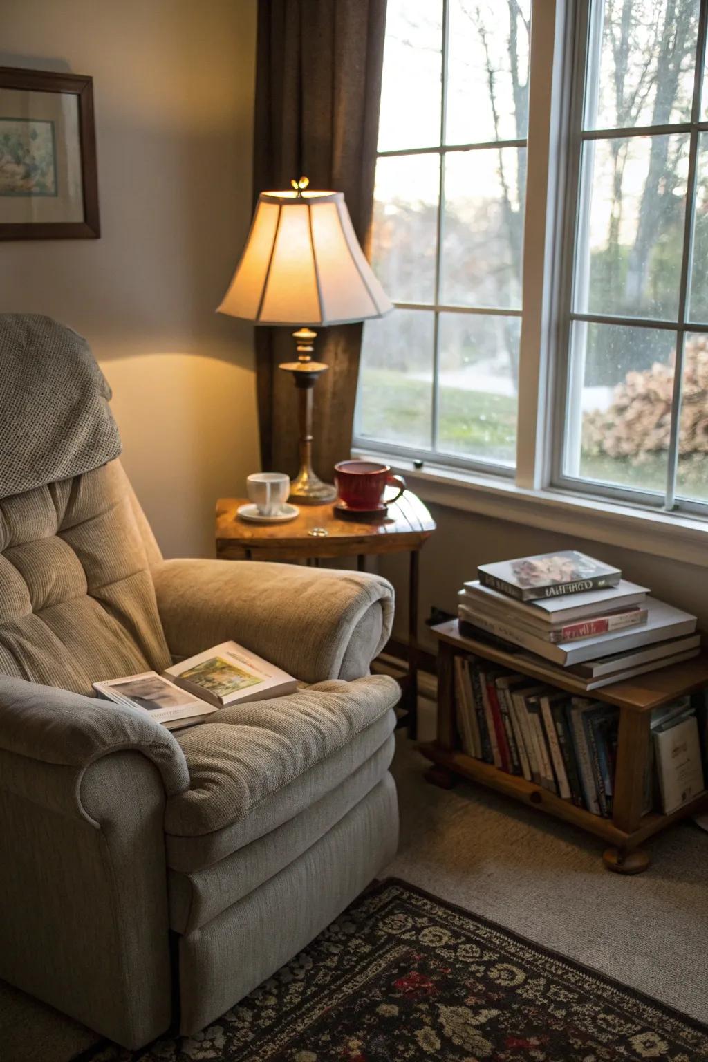A peaceful nook for reading featuring a comfortable recliner, ideal for relaxation.