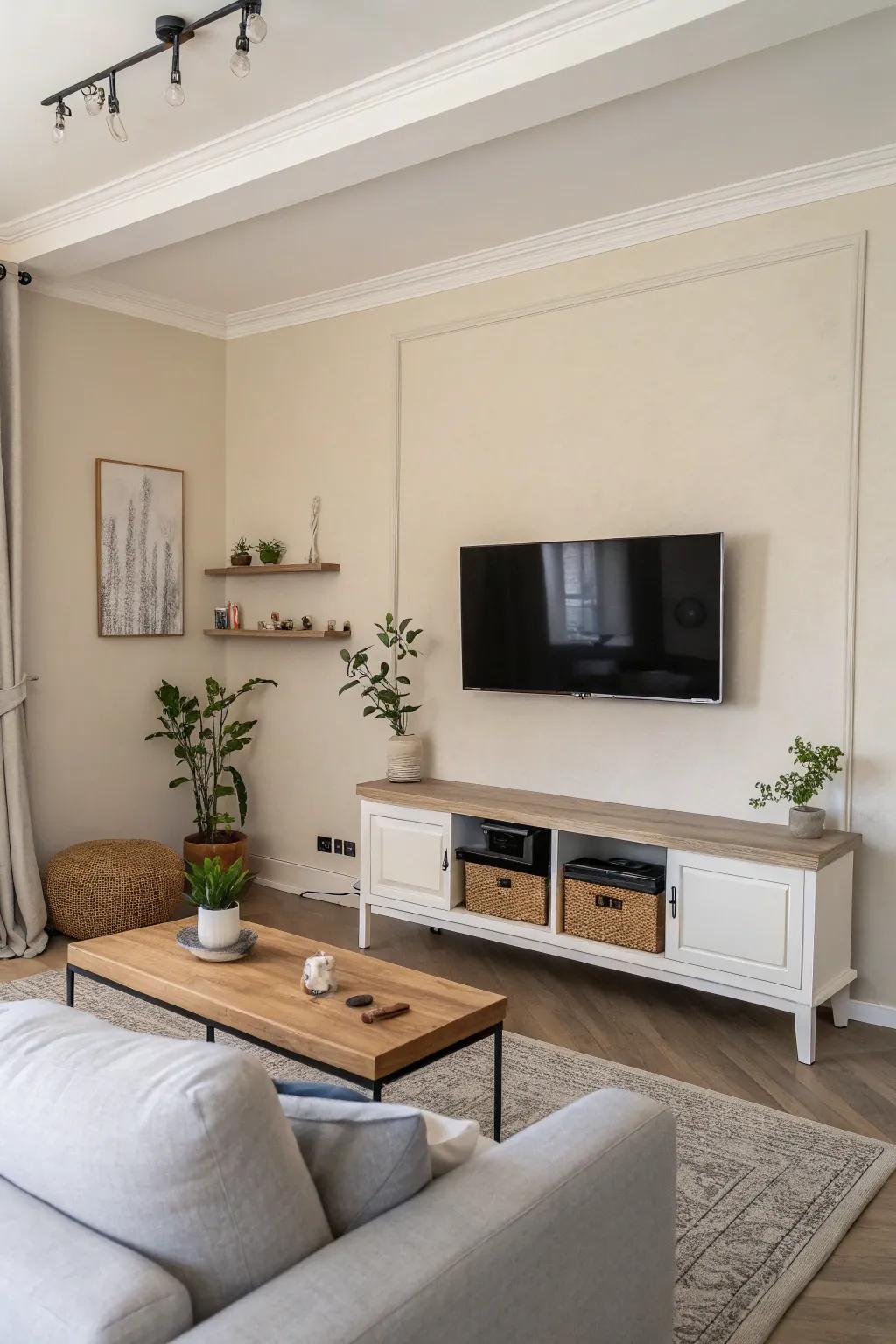 A minimalist living area featuring a TV mounted on the wall, offering a clean, contemporary ambiance.