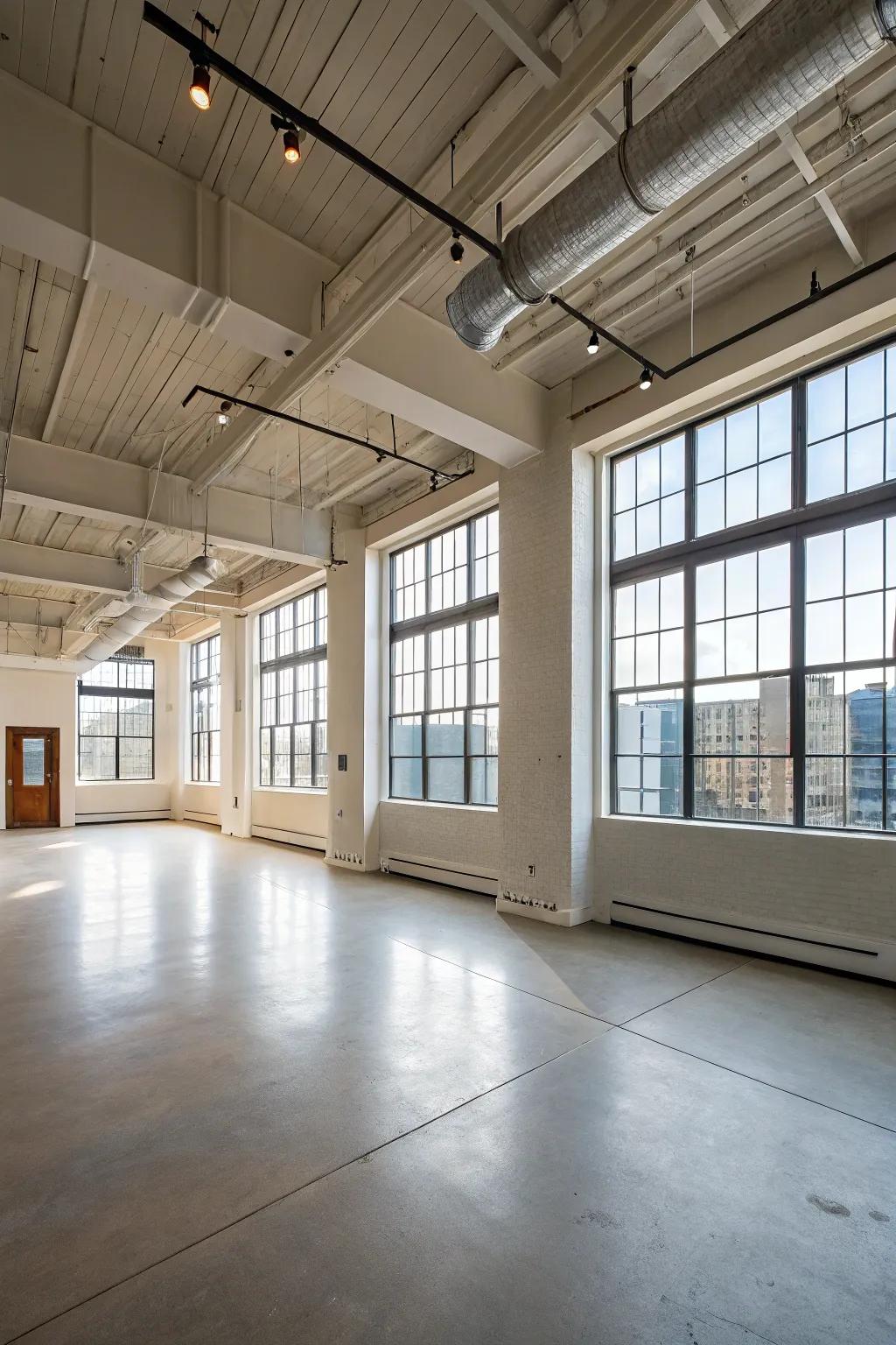 Open floor design inside a loft boasting tall ceilings.